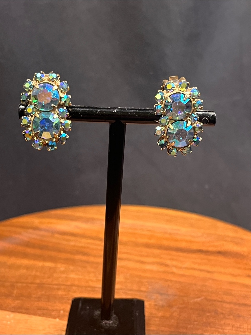Vintage 1950s Aurora Borealis Rhinestone Clip On Earrings Iridescent AB Cluster